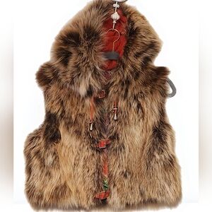 Brown Fur Hooded Leather-Trim Vest